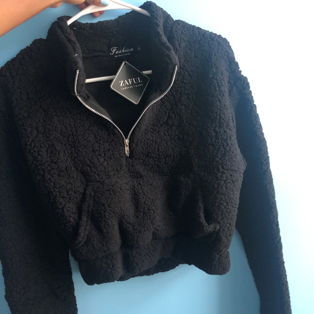 Black Zaful Teddy Sweater (Cropped and w/ Zipper)